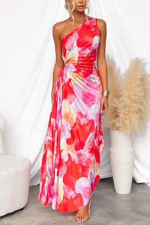 Women’s One Shoulder Floral Maxi Dress with Draped Waist and Flowing Skirt