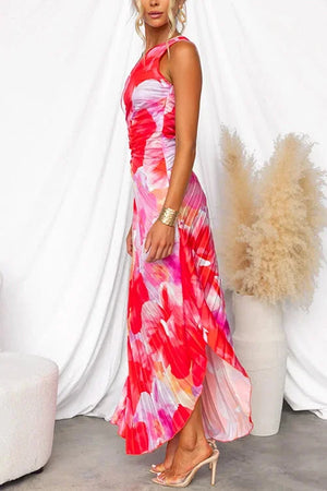 Women’s One Shoulder Floral Maxi Dress with Draped Waist and Flowing Skirt