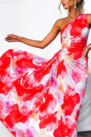 Women’s One Shoulder Floral Maxi Dress with Draped Waist and Flowing Skirt