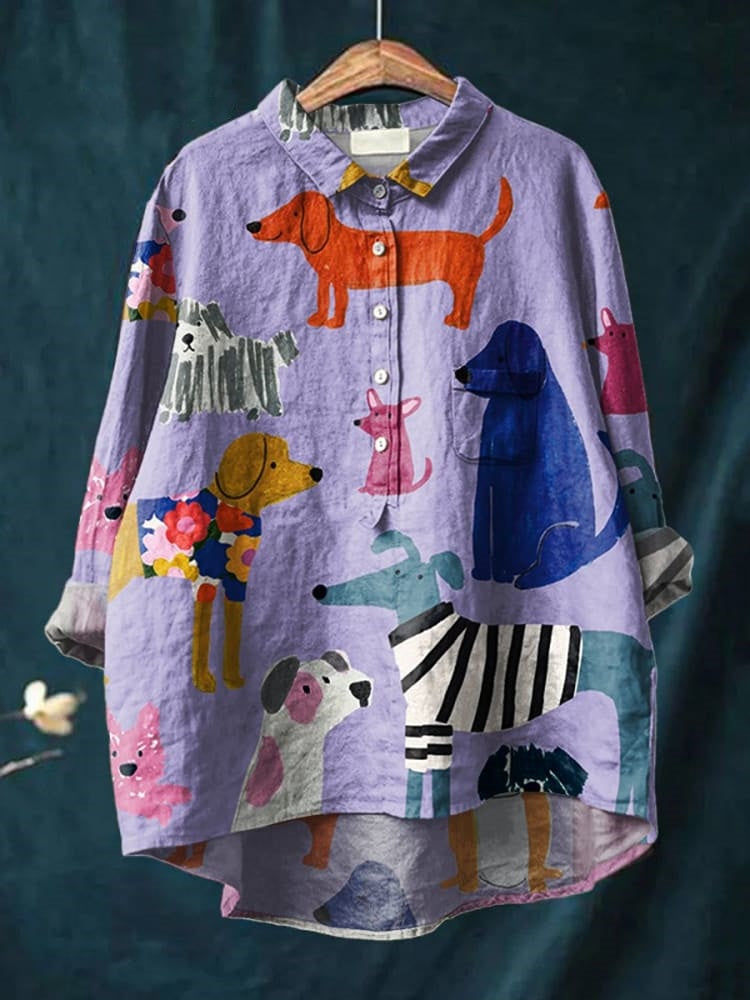 Women’s Colorful Dog Print Button-Up Shirt