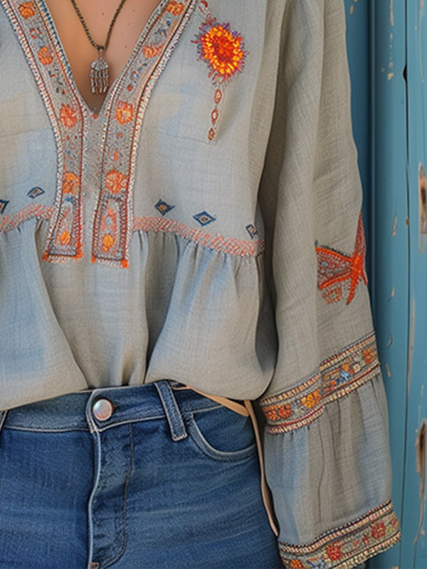 Women's Bohemian Embroidered V Neck Blouse
