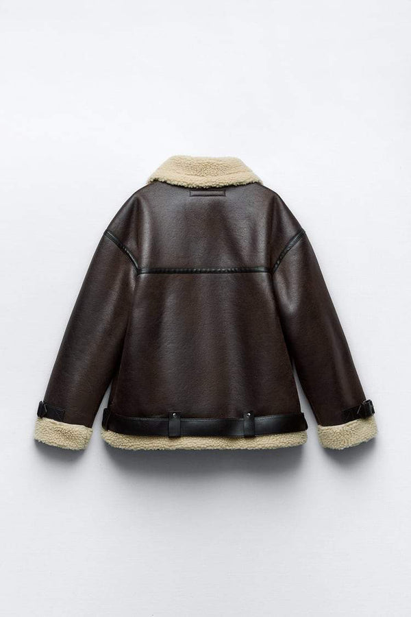 Chaqueta aviador de mujer con forro de piel sintética y cuello sobredimensionado
