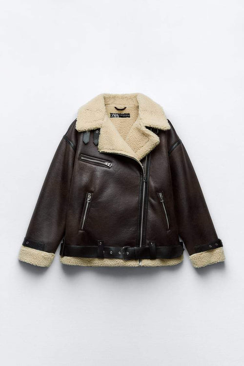 Chaqueta aviador de mujer con forro de piel sintética y cuello sobredimensionado
