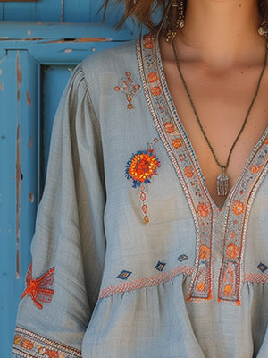 Women's Bohemian Embroidered V Neck Blouse