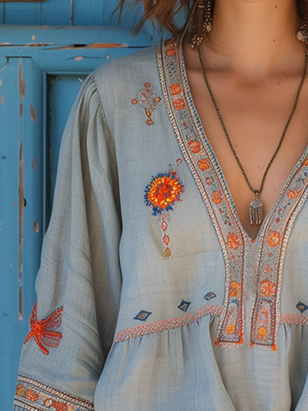 Women's Bohemian Embroidered V Neck Blouse