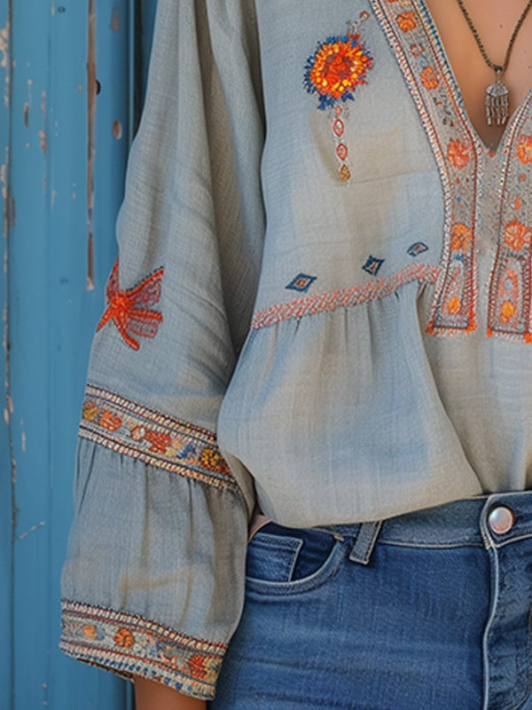 Women's Bohemian Embroidered V Neck Blouse