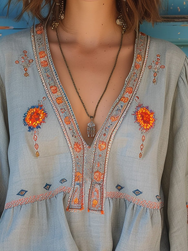 Women's Bohemian Embroidered V Neck Blouse