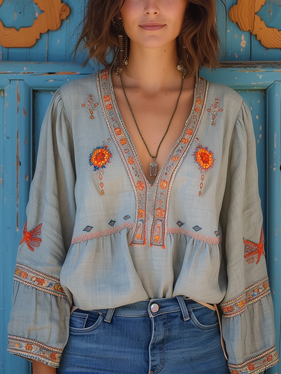Women's Bohemian Embroidered V Neck Blouse
