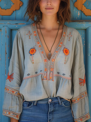 Women's Bohemian Embroidered V Neck Blouse