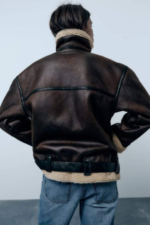 Chaqueta aviador de mujer con forro de piel sintética y cuello sobredimensionado