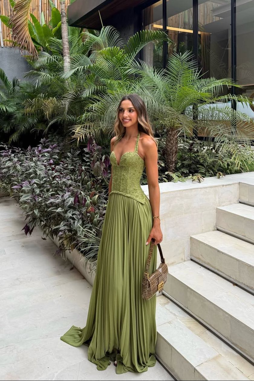 Women's Lace Corset Pleated Maxi Dress