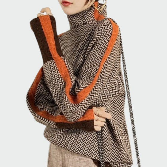 Women's Herringbone Turtleneck with Stripe Detail