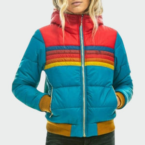 Women's Retro Stripe Zip-U Puffer Hooded Jacket