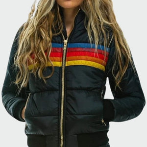 Women's Retro Stripe Zip-U Puffer Hooded Jacket