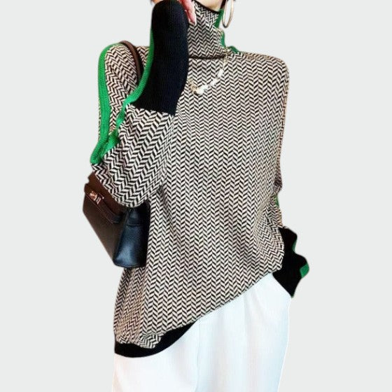 Suéter de cuello alto para mujer con espiga y detalle de rayas