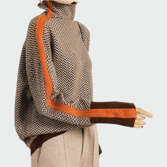 Suéter de cuello alto para mujer con espiga y detalle de rayas