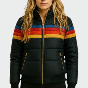 Women's Retro Stripe Zip-U Puffer Hooded Jacket