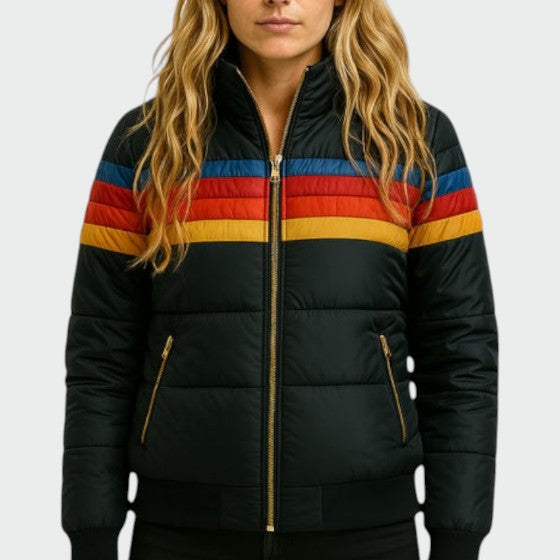 Women's Retro Stripe Zip-U Puffer Hooded Jacket