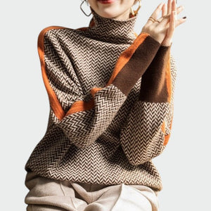 Suéter de cuello alto para mujer con espiga y detalle de rayas