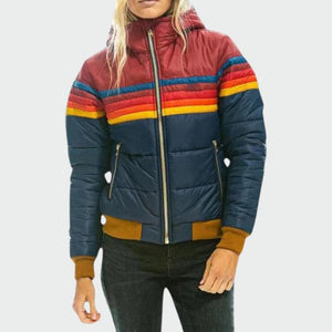 Women's Retro Stripe Zip-U Puffer Hooded Jacket