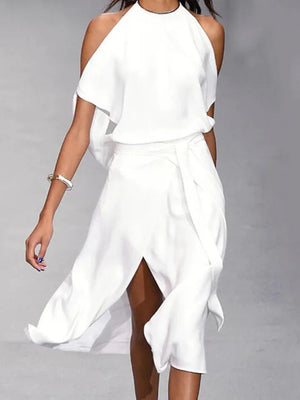 Women’s Halter Neck Midi Dress with Asymmetrical Hem