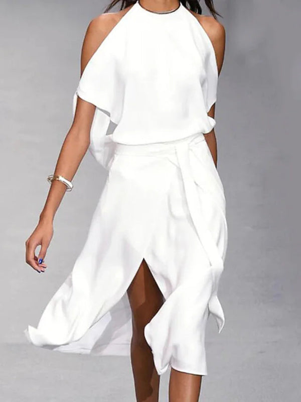 Women’s Halter Neck Midi Dress with Asymmetrical Hem