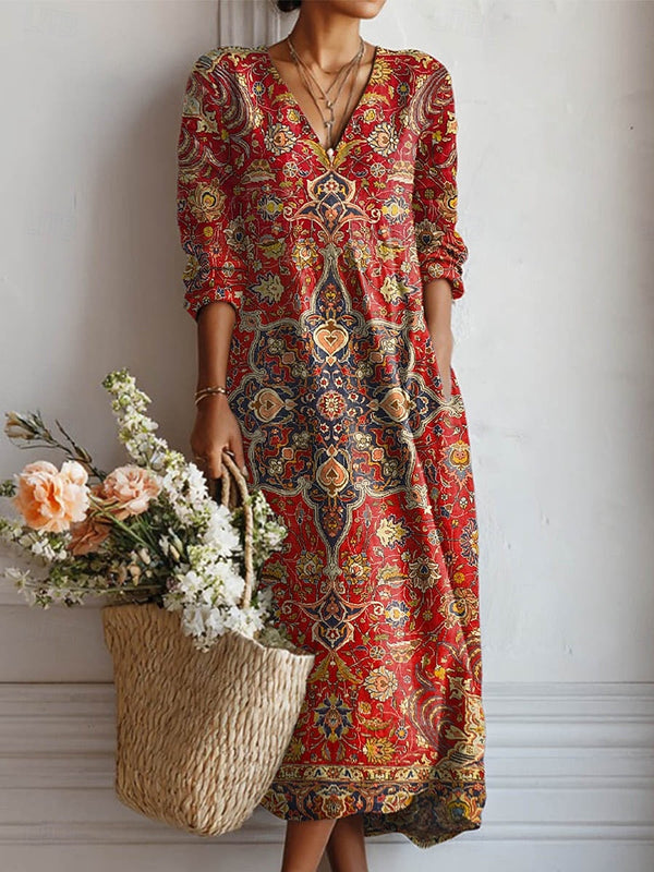 Women’s Floral Print V Neck Boho Midi Dress