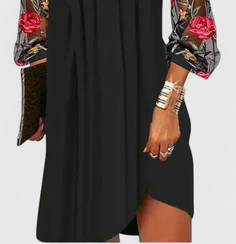 Women's V-Neck Mini Dress with Floral Sheer Sleeves