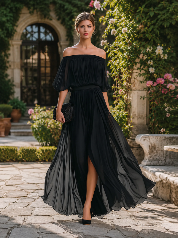Women's Off-Shoulder Maxi Dress with Flowy Skirt