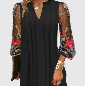 Women's V-Neck Mini Dress with Floral Sheer Sleeves