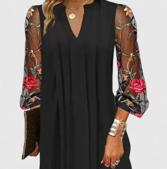 Women's V-Neck Mini Dress with Floral Sheer Sleeves