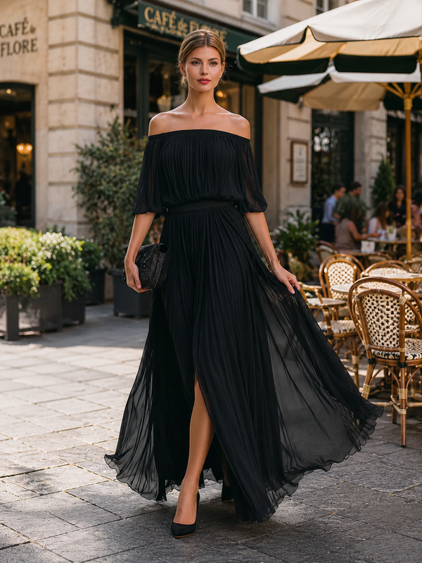 Women's Off-Shoulder Maxi Dress with Flowy Skirt