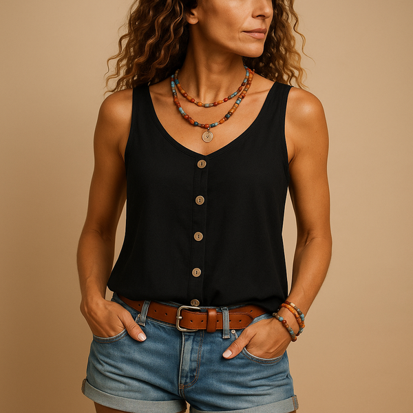 Women's Sleeveless Button-Front Shirt with V-Neck