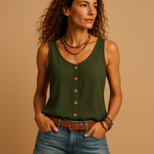 Women's Sleeveless Button-Front Shirt with V-Neck