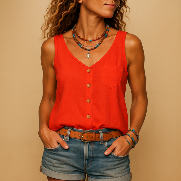 Women's Sleeveless Button-Front Shirt with V-Neck