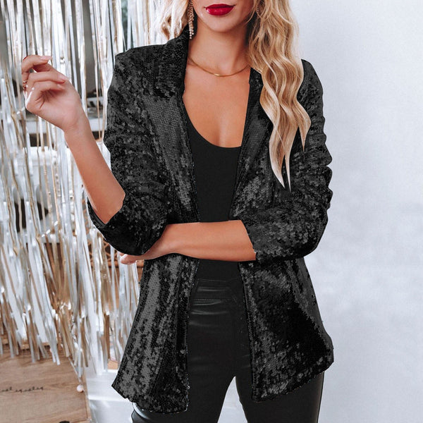 Blazer de lentejuelas para mujer con abertura frontal para un estilo glamuroso