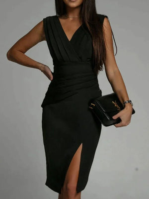 Women's V-Neck Midi Dress with Side Slit