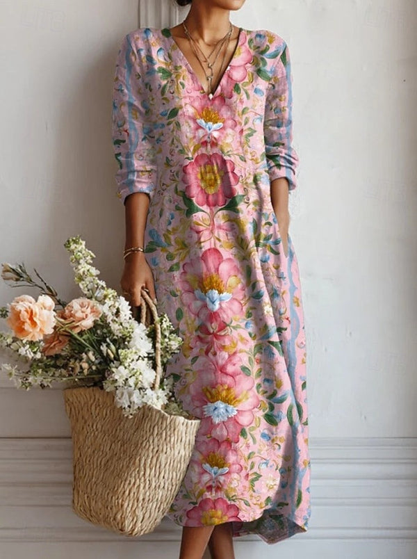 Women’s Floral Print V Neck Boho Midi Dress