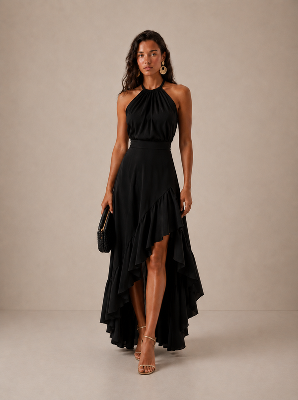 Women's Halter Midi Dress with Asymmetric Ruffle Hem