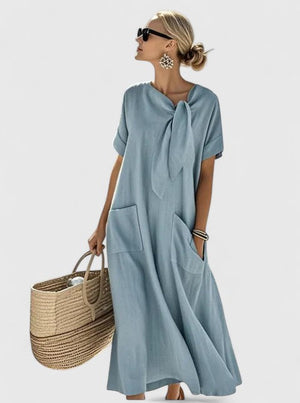 Women's Maxi Dress with Tie Neck & Pockets
