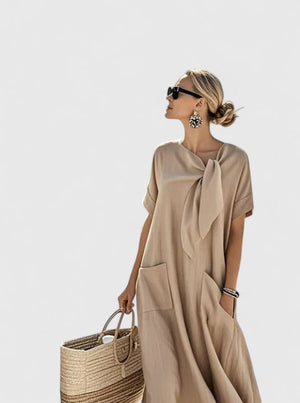 Women's Maxi Dress with Tie Neck & Pockets