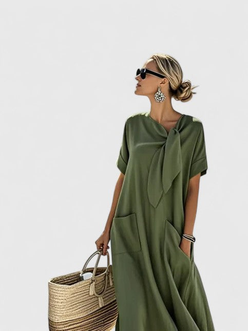 Women's Maxi Dress with Tie Neck & Pockets