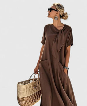Women's Maxi Dress with Tie Neck & Pockets