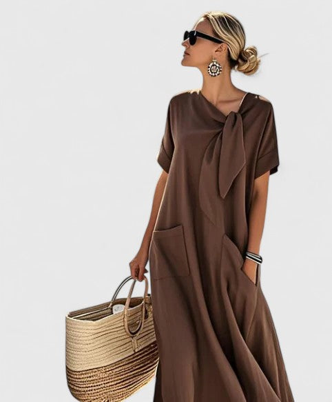Women's Maxi Dress with Tie Neck & Pockets