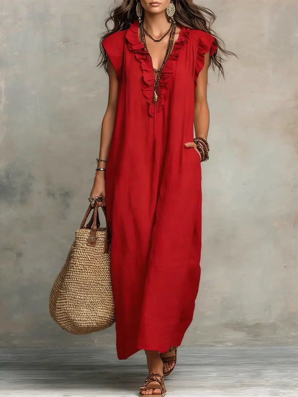 Women's Bohemian Maxi Dress with V-Neckline