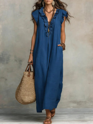 Women's Bohemian Maxi Dress with V-Neckline