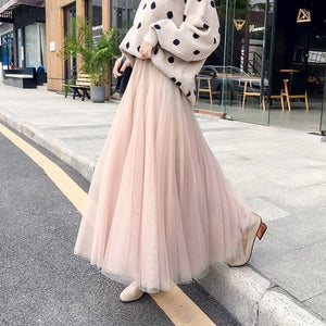 Women’s High Waist Tulle Maxi Skirt with Flowy Pleated Silhouette