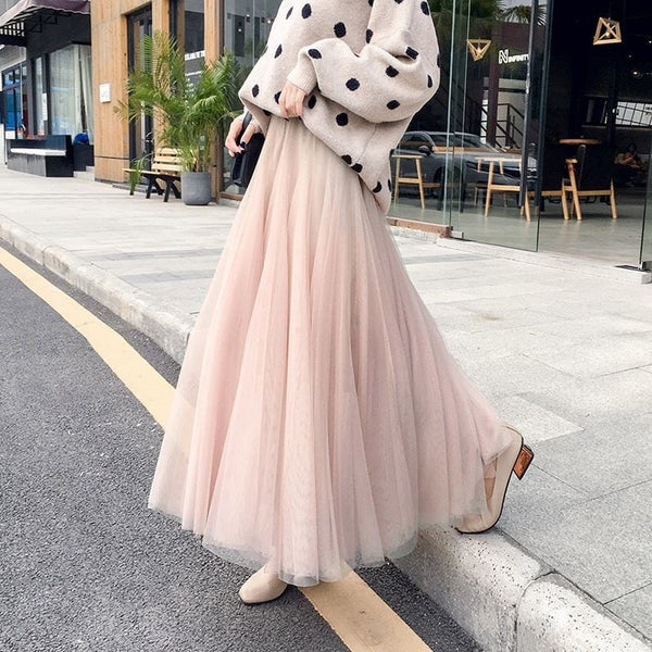 Women’s High Waist Tulle Maxi Skirt with Flowy Pleated Silhouette