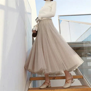 Women’s High Waist Tulle Maxi Skirt with Flowy Pleated Silhouette