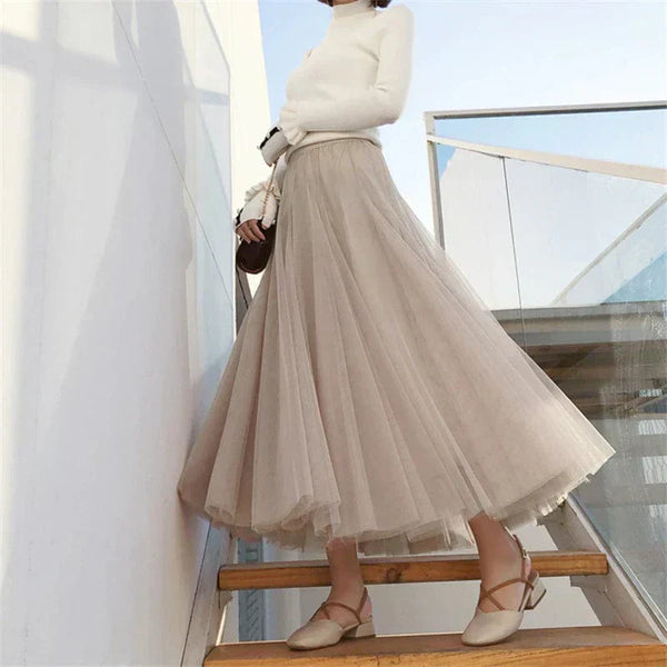 Women’s High Waist Tulle Maxi Skirt with Flowy Pleated Silhouette